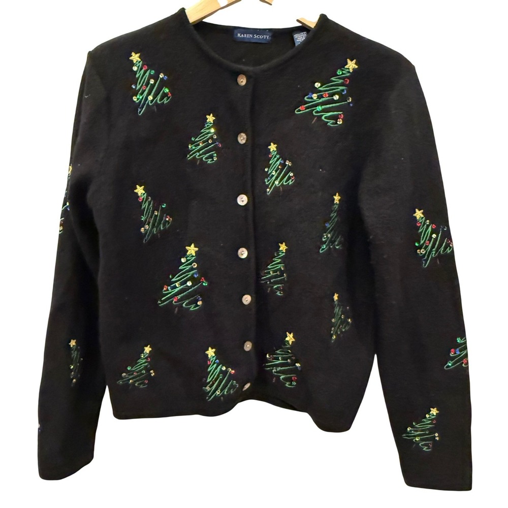 Karen Scott Women Black Christmas Tree Embroidered Button Up Cardigan Sweater M